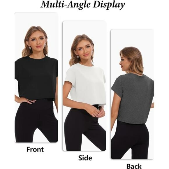 Womens Crop Top Short Sleeve Workout Shirts Gym Yoga Running Loose Fit Tees - Picture 5 of 7